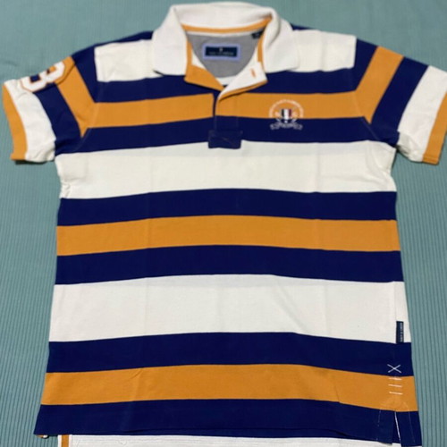 Navy & Green men's polo shirt, medium, striped blue white mustard