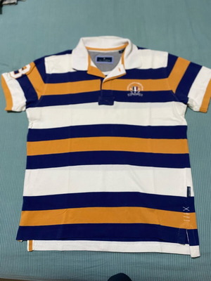Navy & Green men's polo shirt, medium, striped blue white mustard