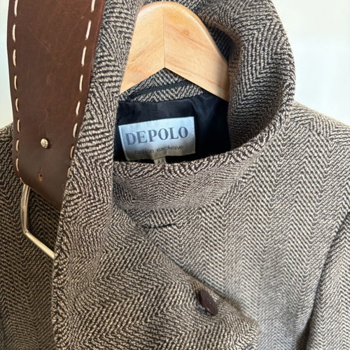 Depolo wool coat with leather belt used, herringbone pattern, size S