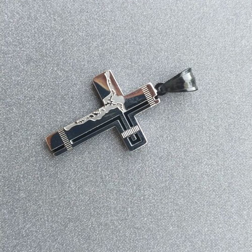 Steel cross pendant with crucifix new, black engraving