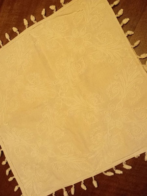 Vintage pillowcase 49x50 with embossed piping and tassels used