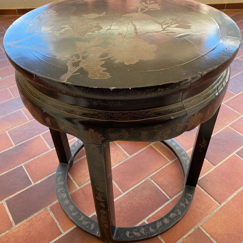 Asian-style nesting vintage coffee tables set used, wood with gold motifs