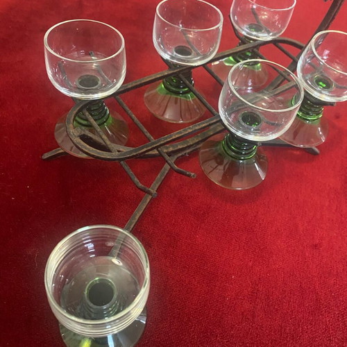 Vintage metal stand with six hanging liqueur glasses like new