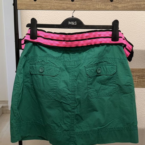 Set of 3 pieces like new, white semize shirt with letters, green skirt, fuchsia belt