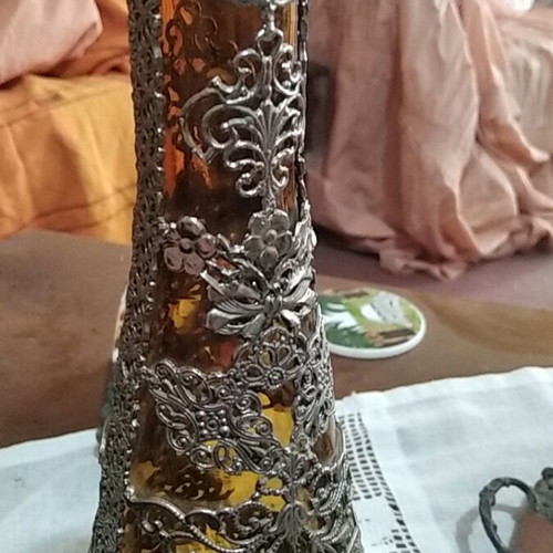 Vintage glass carafe with metal filigree decoration like new