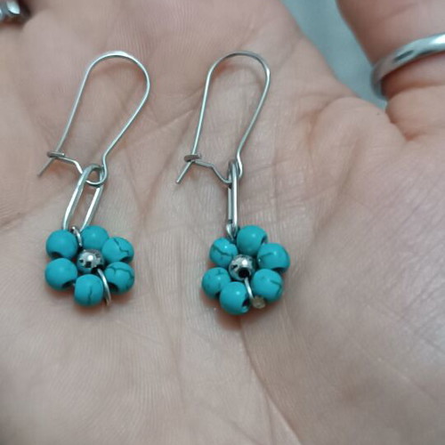 Steel earrings with turquoise beads handmade