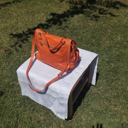Car Shoe leather shoulder bag used, vintage patina, orange and gold