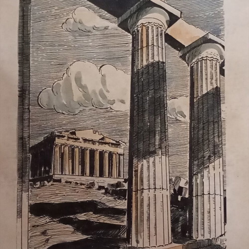 Artwork by Byron Maggos, Parthenon theme, pen and watercolor