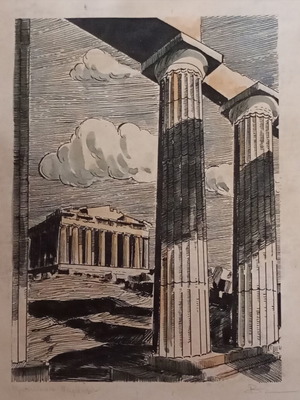 Artwork by Byron Maggos, Parthenon theme, pen and watercolor