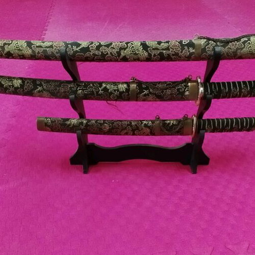 Set of 3 Japanese decorative swords with wall display stand