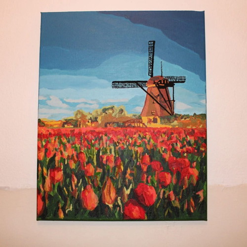 Windmill and Tulip Field Acrylic Painting on Canvas 50x40 new