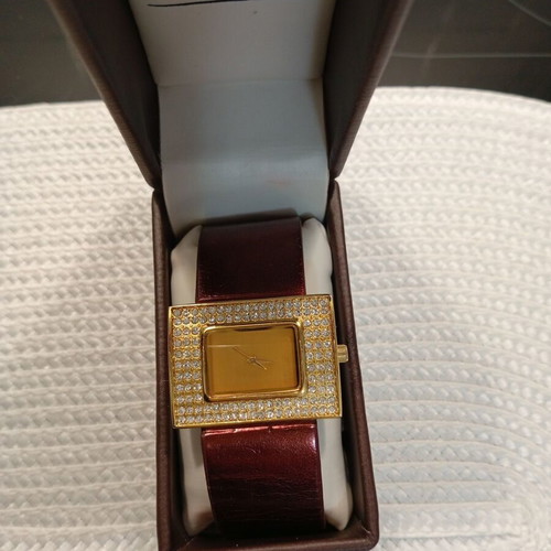 Oriflame women's watch new, gold dial with crystals, burgundy strap