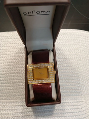 Oriflame women's watch new, gold dial with crystals, burgundy strap