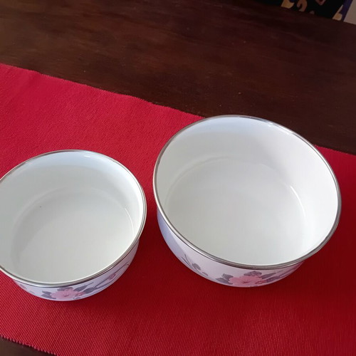 Enamel kitchenware set with vintage pink flower decoration, like new