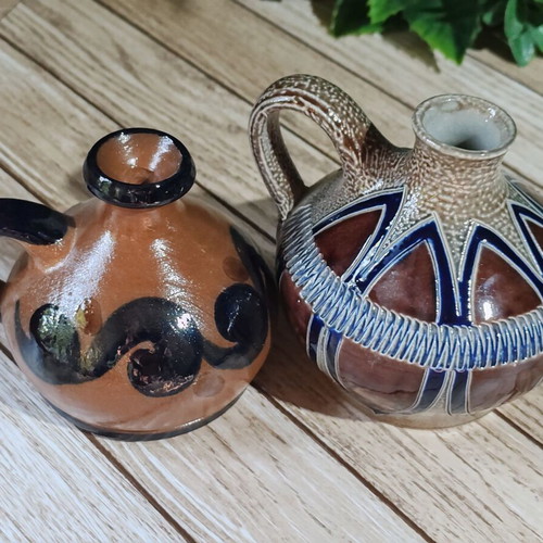 Merkelbach German collector's miniature jugs set of 2, hand-crafted salt glaze