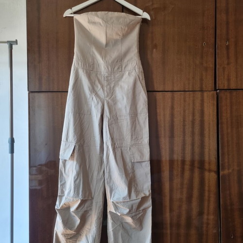 Zara ολόσωμη φόρμα χωρίς τιράντες με широкά πόδια, σαν καινούργια, μέγεθος XS, μπεζ
