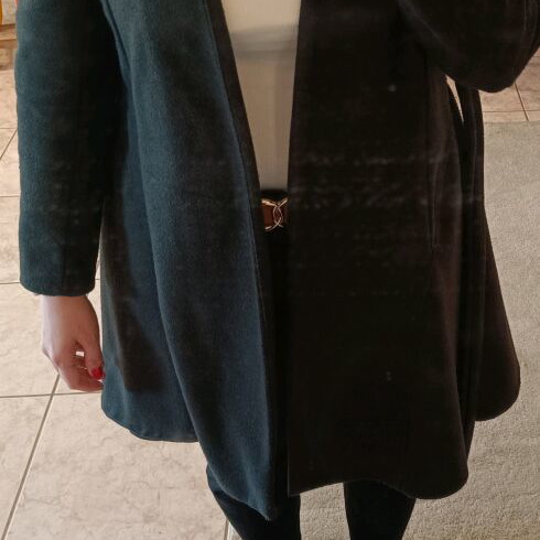 Black coat with waist tie like new, Made in Italy