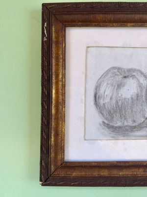 Framed black and white apple drawing