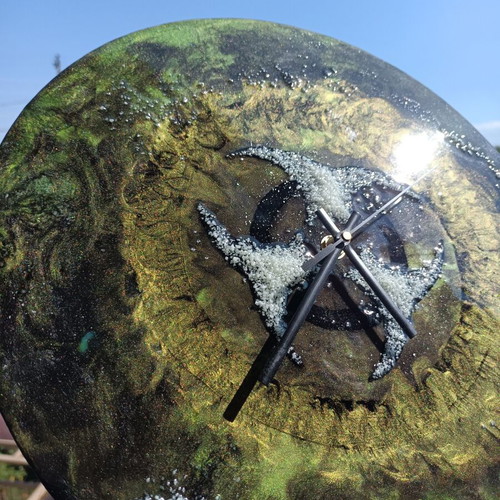 Handmade wall clock with liquid glass biohazard design