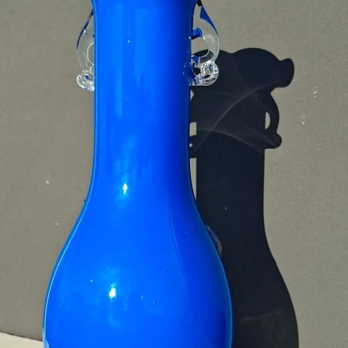 Blue Murano vase vintage like new, decorated with leaves and flowers