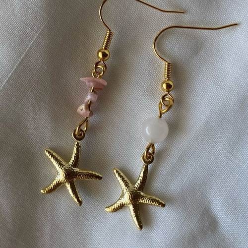 Earrings with stainless steel star charm, rose aventurine beads