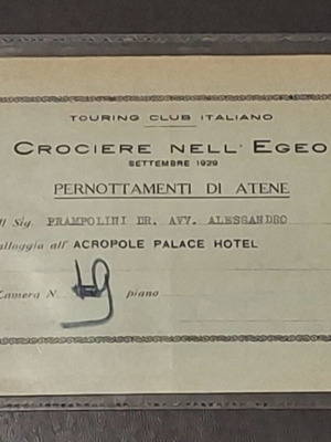 Touring Club Italiano κάρτα check-in ξενοδοχείου Acropole Palace 1929