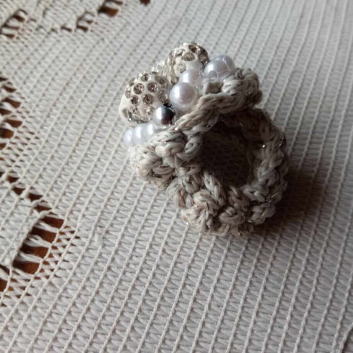 Handmade crocheted jumbo ring with white cotton yarn and beads, new