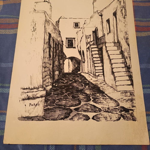 Paros print artwork by Nikolas Katsouros used, 1980s