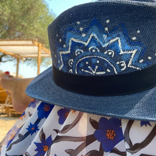 Hat blue with handmade painting new size 60