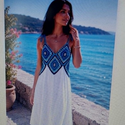 Summer dress with hand-knitted top, new, blue and white