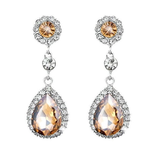 Earrings with champagne crystals new, quartz, silver-plated metal