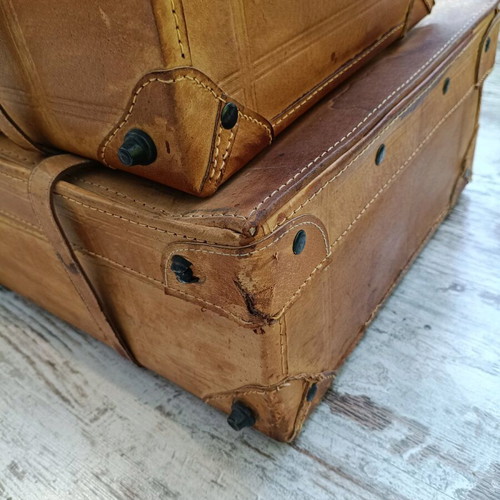 Vintage table with suitcases and round safety glass like new