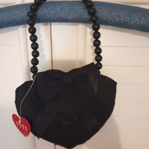Evening handbag black satin heart-shaped with bead handles
