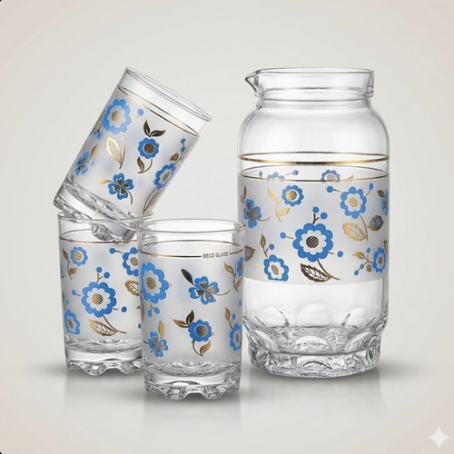 Glass and pitcher set new with blue and gold details