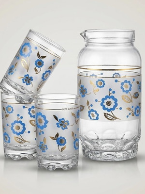 Glass and pitcher set new with blue and gold details
