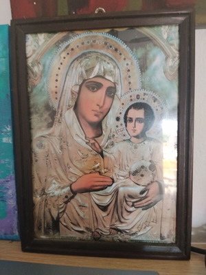 Vintage ορθόδοξη εικόνα της Παναγίας με το Θείο Βρέφος, λιθογραφία