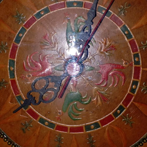 Tanagra Clock used, mixed materials construction in plexiglass frame