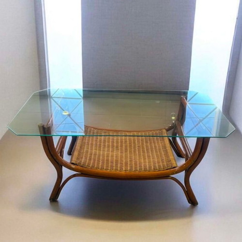 Bamboo coffee table with glass top new 110x60cm