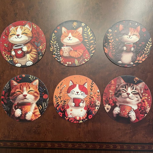 Set of 6 wooden cat coasters