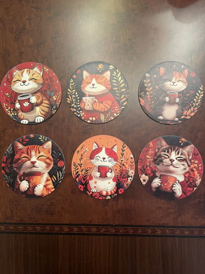 Set of 6 wooden cat coasters