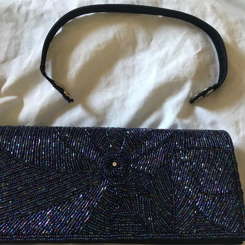 Mandarini evening bag clutch with iridescent beads new, blue satin