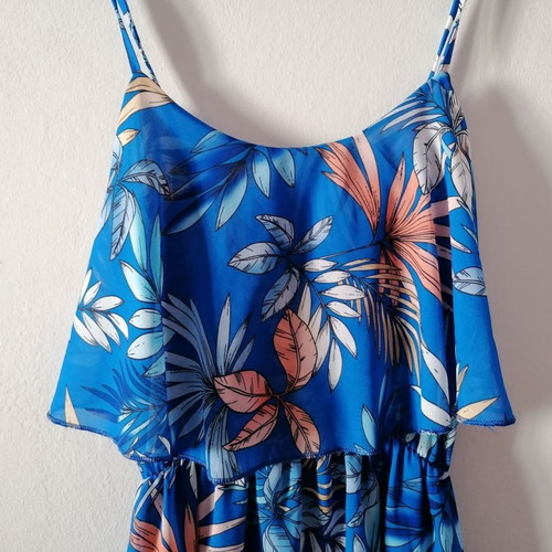 Blue mini dress with floral patterns and straps, new S/M