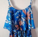 Blue mini dress with floral patterns and straps, new S/M