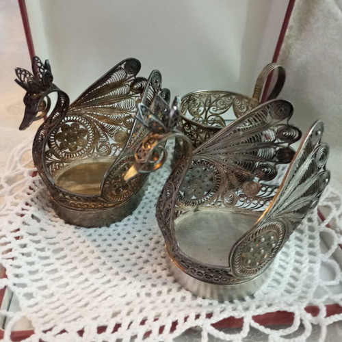 Silver filigree peacock set used, Russian antique, 3 pieces