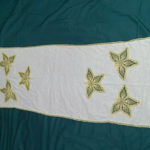 Vintage 60s handmade table runner set with gold butterflies and lace, 2 doilies like new