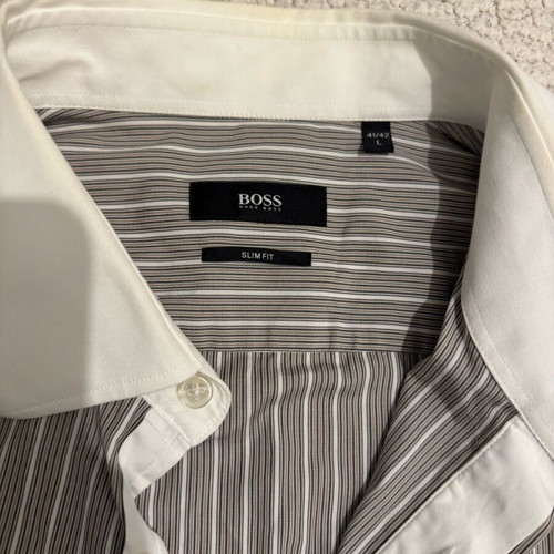 Boss men's slim fit striped shirt like new, size L, white and gray