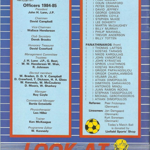 Linfield vs Panathinaikos 1983-1984 UEFA match program like new
