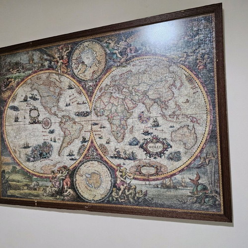Antique World Map puzzle 2000 pieces used, framed