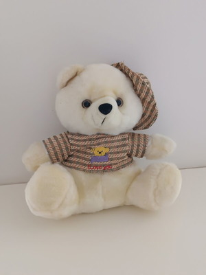 Stuffed bear with plaid clothes and hat, used, vintage design