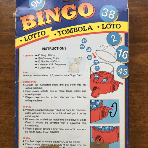 Bingo board game used, 90s vintage edition